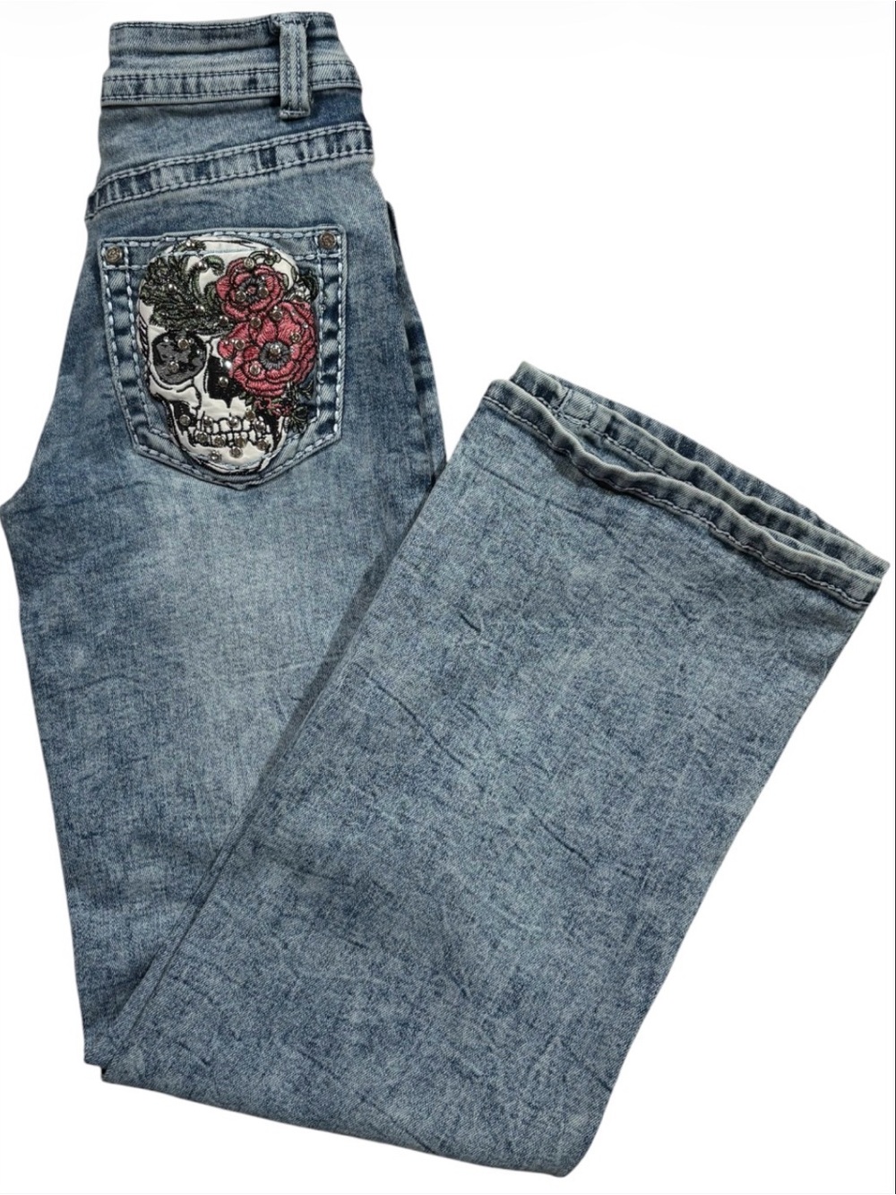 Telepatía Women's Mid Rise Wide Leg Jeans Skull Embroidered Bootcut